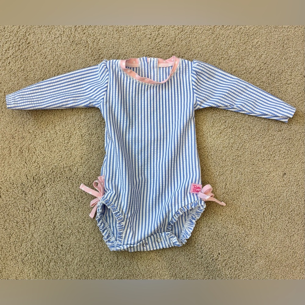 Ruffle Butts Blue & White Striped Swim Suit- 6 to 12 months